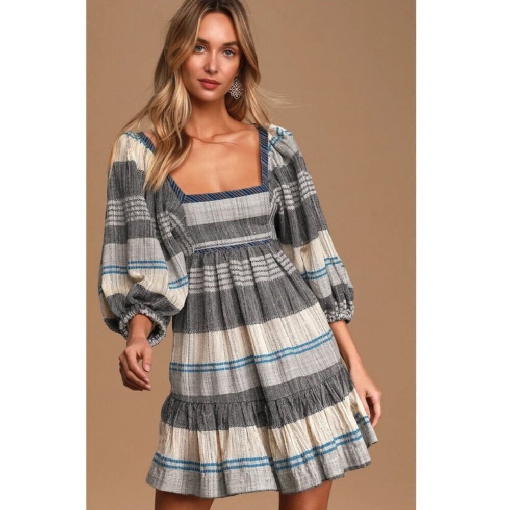 Free People All Lined Up Striped Boho Peasant Milkmaid Dress Open Back XS